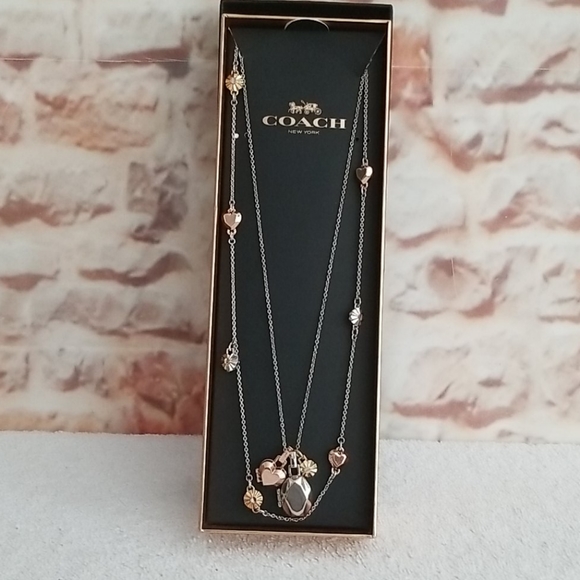New Coach Daisy Rivet Layered Heart Locket Necklace - Picture 3 of 8